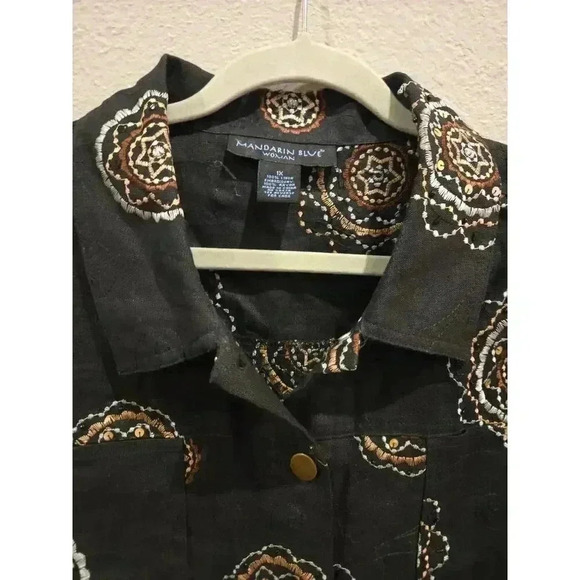 Mandarin Blue Women's Embroidered Black Linen Jacket 1X Button-Up Boho Artsy - Picture 6 of 11